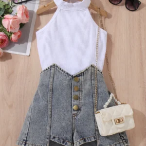 Girl Summer Outdoor Tank Top & Faux Denim Short Set