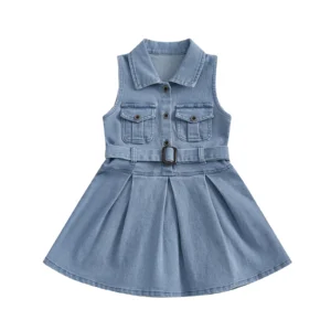 Adorable Summer Outfit Girls Sleeveless Denim Dress with Belt