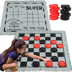 3-in-1 Vintage Giant Checkers, Tic, Tac, Toe, with Reversible Mat,