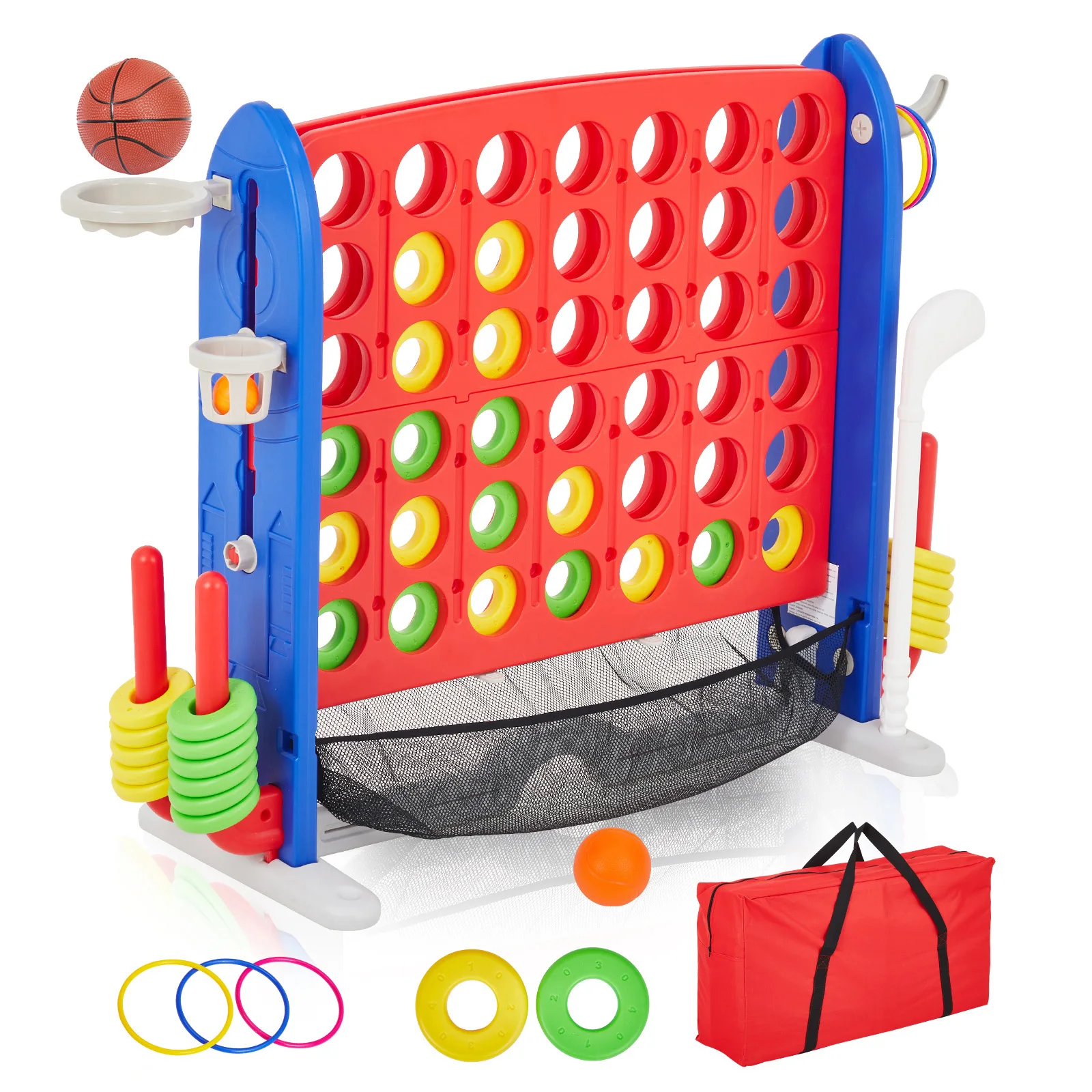 4-in-1 Giant Connect Game; Basketball Hoop; Ring Toss and Net Adjustable Height - Image 4