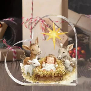 Manger Birth of Jesus Clear Heart Acrylic Plaque