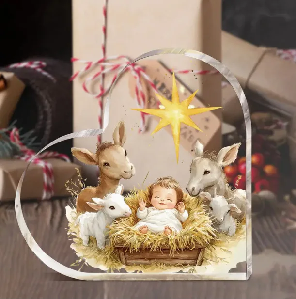 Manger Birth of Jesus Clear Heart Acrylic Plaque - Image 1