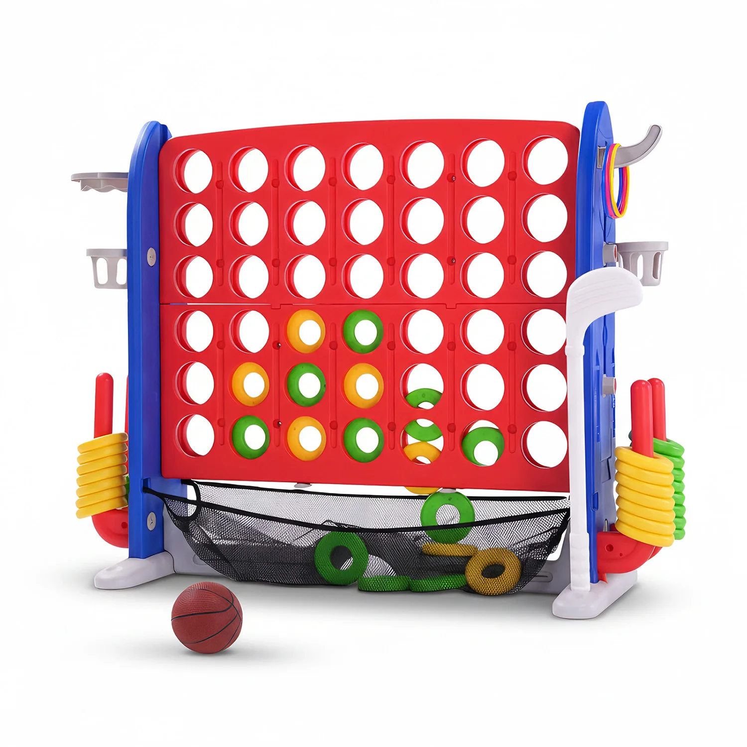4-in-1 Giant Connect Game; Basketball Hoop; Ring Toss and Net Adjustable Height - Image 1