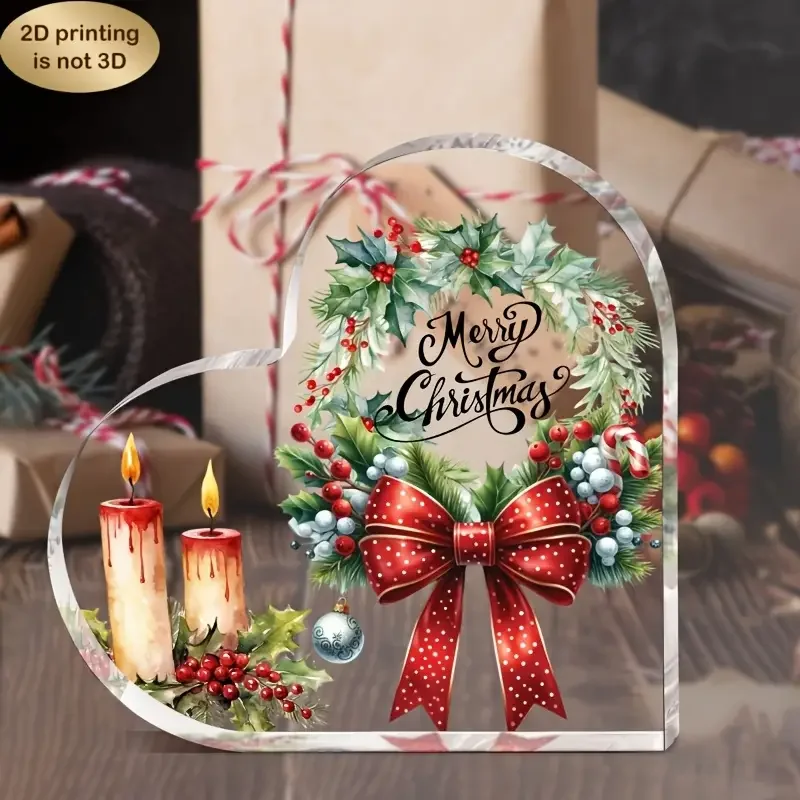 Christmas Acrylic Heart Sign with Red Bow & Candle Design, - Image 1
