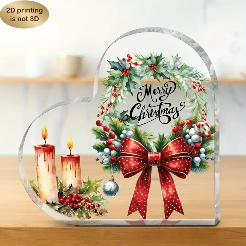 Christmas Acrylic Heart Sign with Red Bow & Candle Design, - Image 2