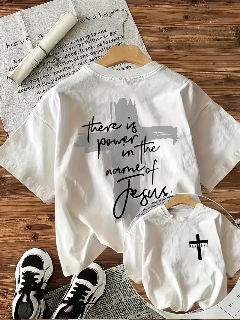 There Is Power in The Name of Jesus Print T-shirt With Cross Graphic - Image 1