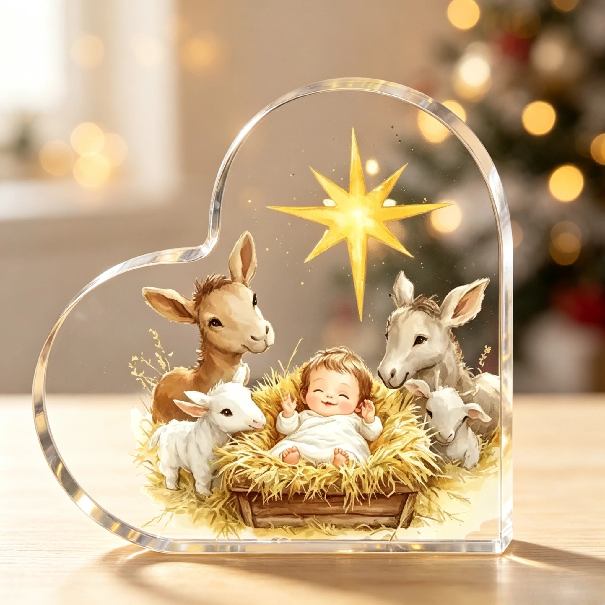 Manger Birth of Jesus Clear Heart Acrylic Plaque - Image 2