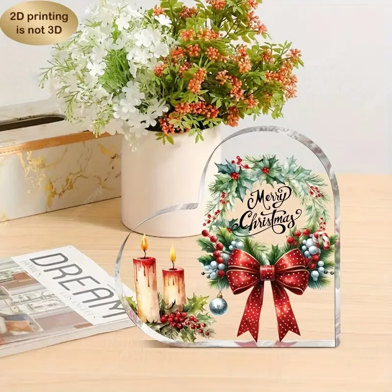 Christmas Acrylic Heart Sign with Red Bow & Candle Design, - Image 3