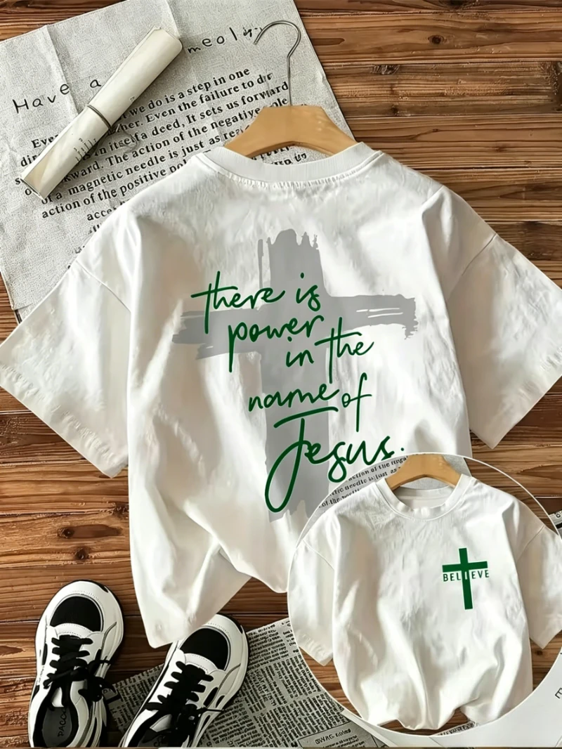 There Is Power in The Name of Jesus Print T-shirt With Cross Graphic - Image 5