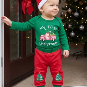 Crew neck Outfit Romper Pants 3 Pcs  Christmas Outfit