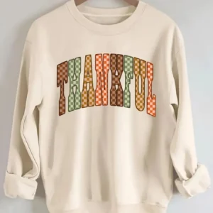 Women's Crew Neck Pullover Sweatshirt Checkered Thankful Print Design - Thumbnail Image 3