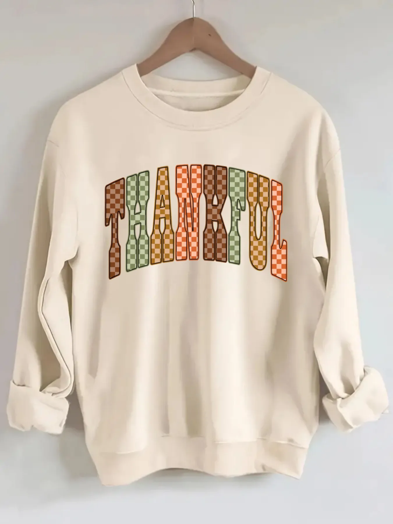 Women's Crew Neck Pullover Sweatshirt Checkered Thankful Print Design - Image 3