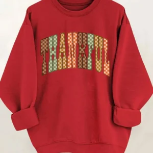 Women's Crew Neck Pullover Sweatshirt Checkered Thankful Print Design - Thumbnail Image 5