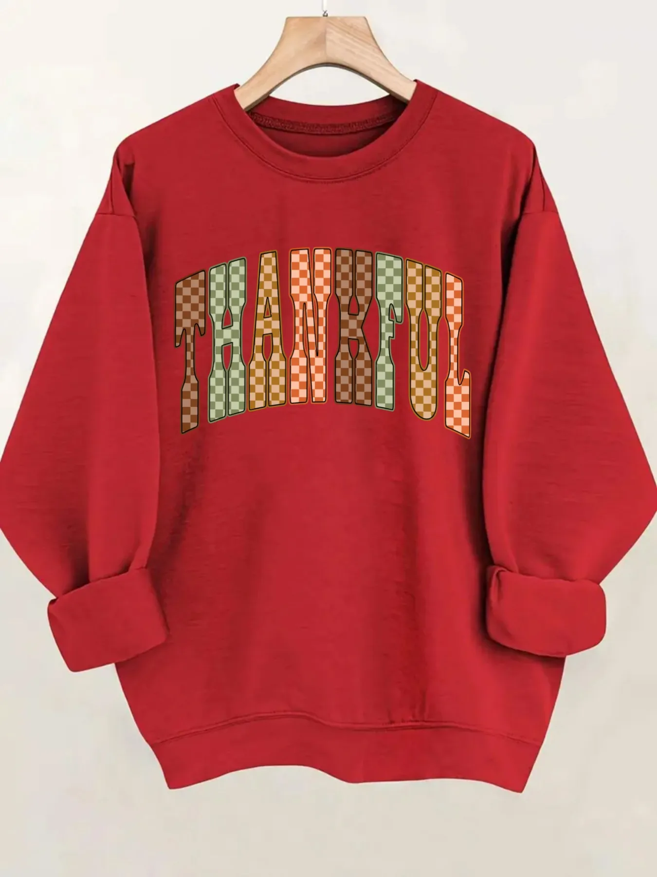 Women's Crew Neck Pullover Sweatshirt Checkered Thankful Print Design - Image 5
