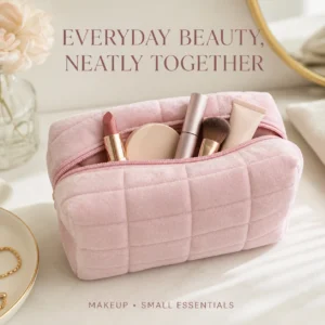 Soft Velvet Quilted Makeup Bag with Zipper - Thumbnail Image 3