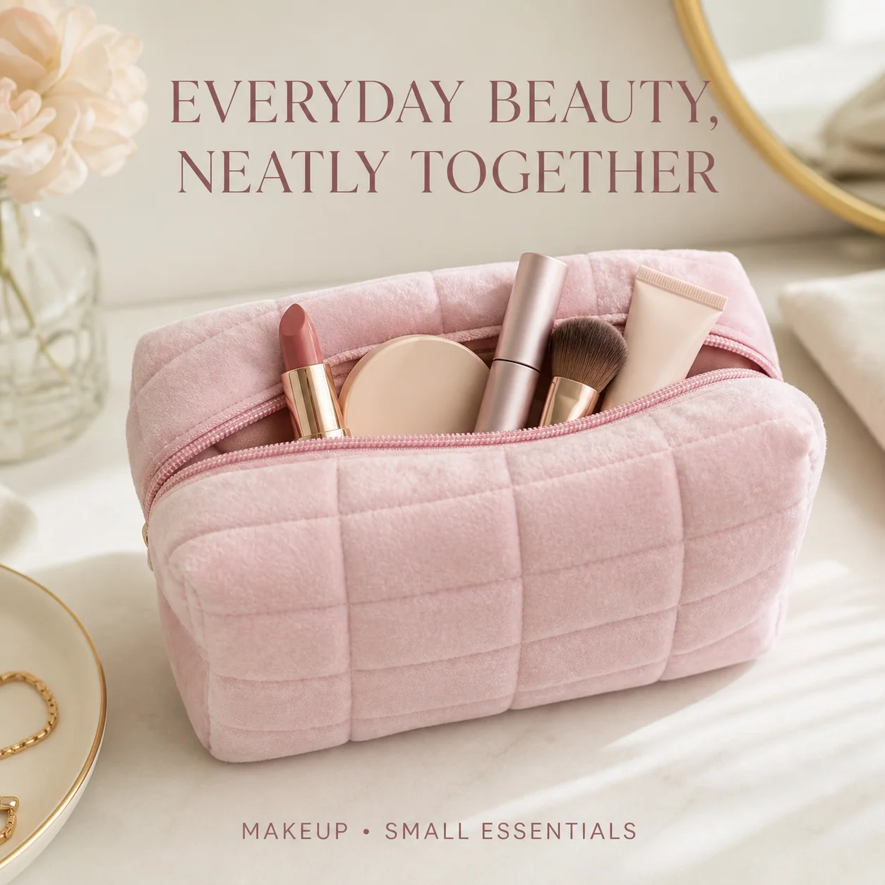Soft Velvet Quilted Makeup Bag with Zipper - Image 3