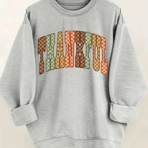 Women's Crew Neck Pullover Sweatshirt Checkered Thankful Print Design - Thumbnail Image 4