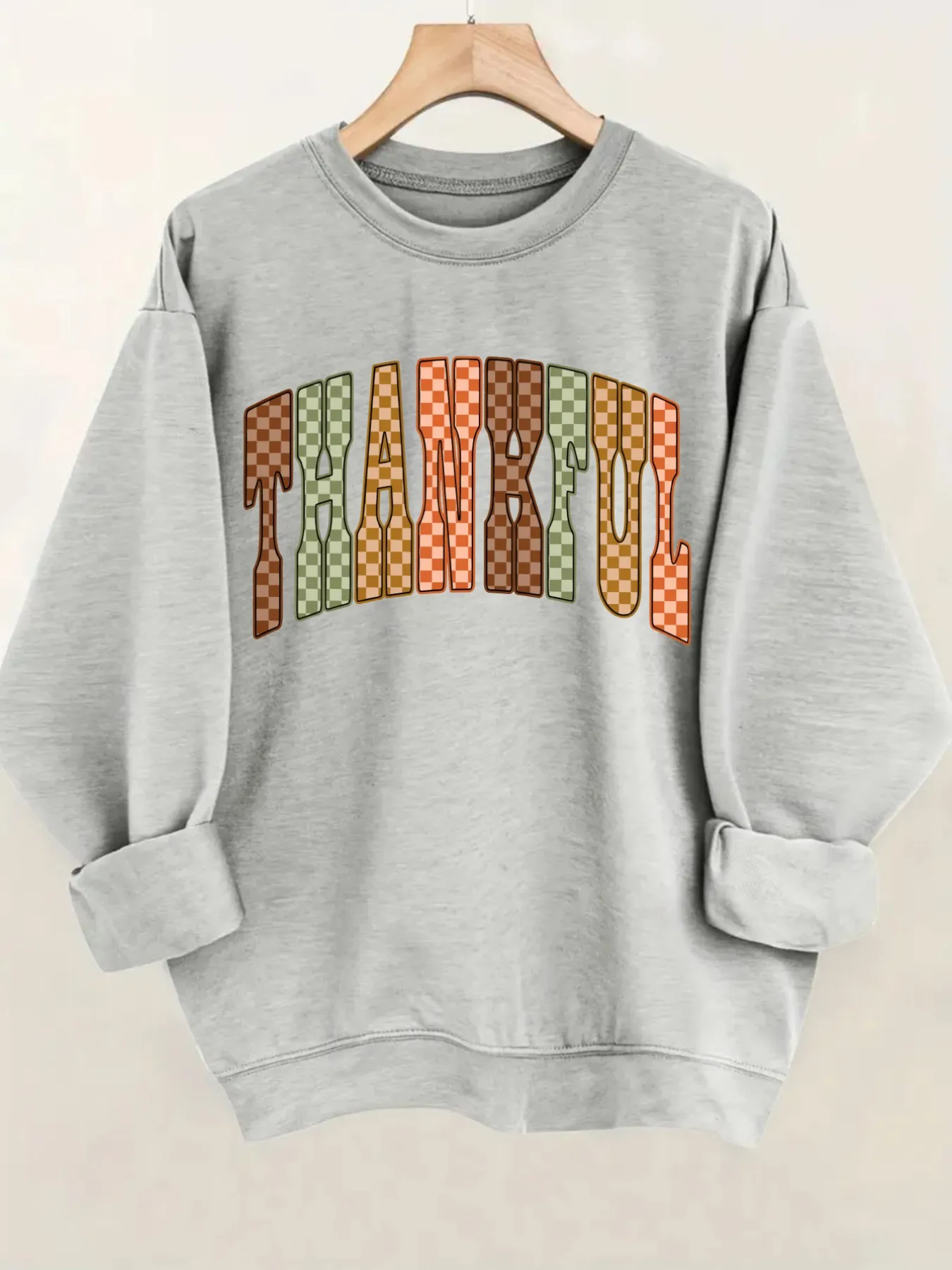 Women's Crew Neck Pullover Sweatshirt Checkered Thankful Print Design - Image 4