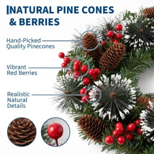 Prelit Christmas Pine Wreath With Pinecones, Red Berries, Front Door Holiday Decoration