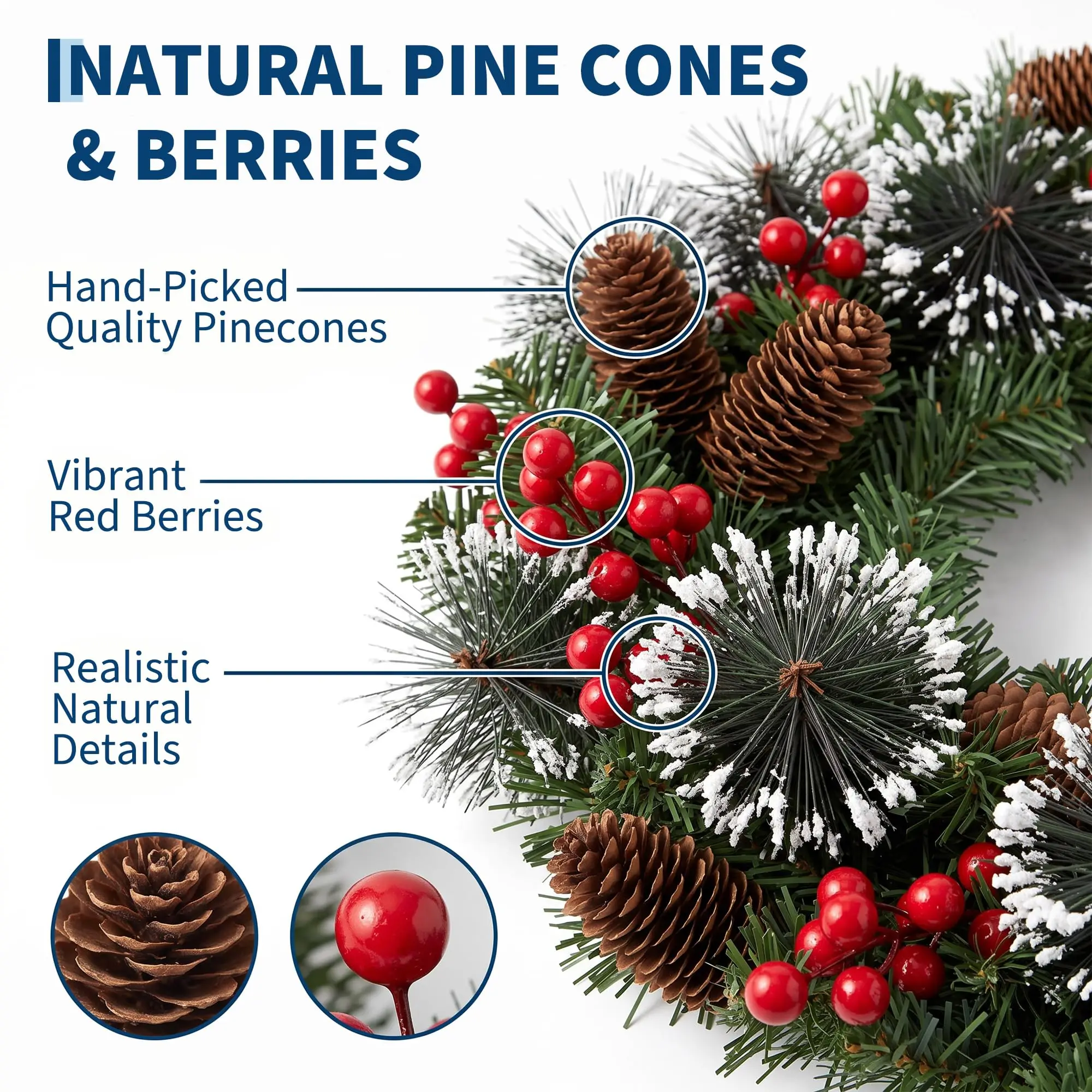 Prelit Christmas Pine Wreath With Pinecones, Red Berries, Front Door Holiday Decoration - Image 1