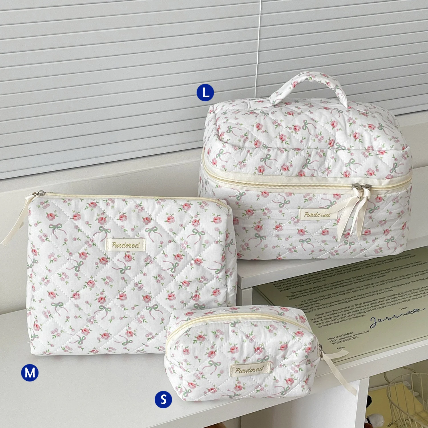 Quilted Cotton Makeup/Cosmetic Organizer Bag With Zipper - Image 12