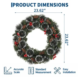 Prelit Christmas Pine Wreath With Pinecones, Red Berries, Front Door Holiday Decoration - Thumbnail Image 3