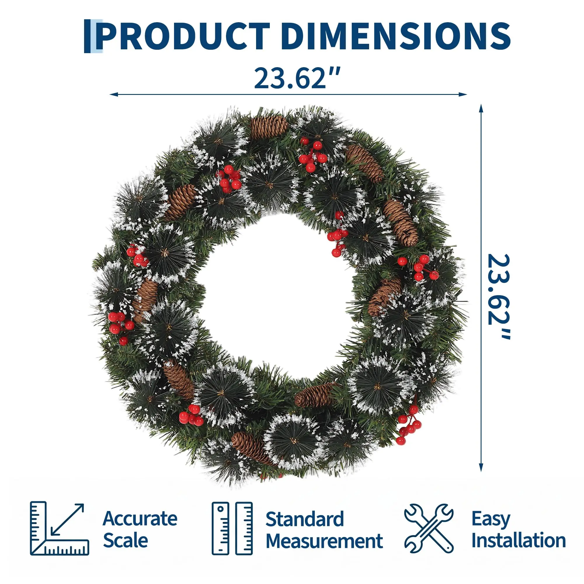 Prelit Christmas Pine Wreath With Pinecones, Red Berries, Front Door Holiday Decoration - Image 3