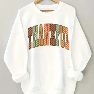 Women's Crew Neck Pullover Sweatshirt Checkered Thankful Print Design - Thumbnail Image 6