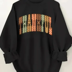 Women's Crew Neck Pullover Sweatshirt Checkered Thankful Print Design - Thumbnail Image 2