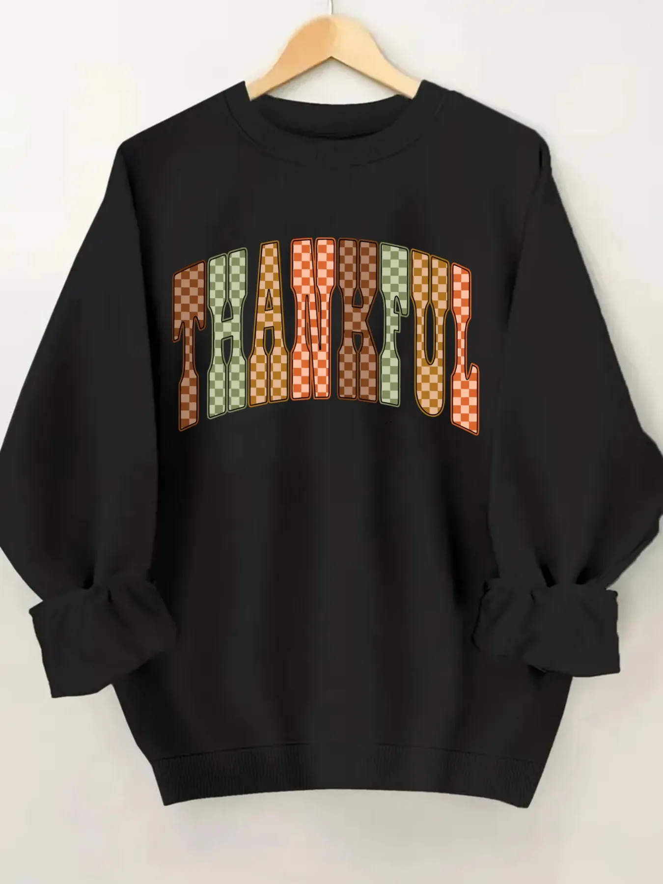 Women's Crew Neck Pullover Sweatshirt Checkered Thankful Print Design - Image 2