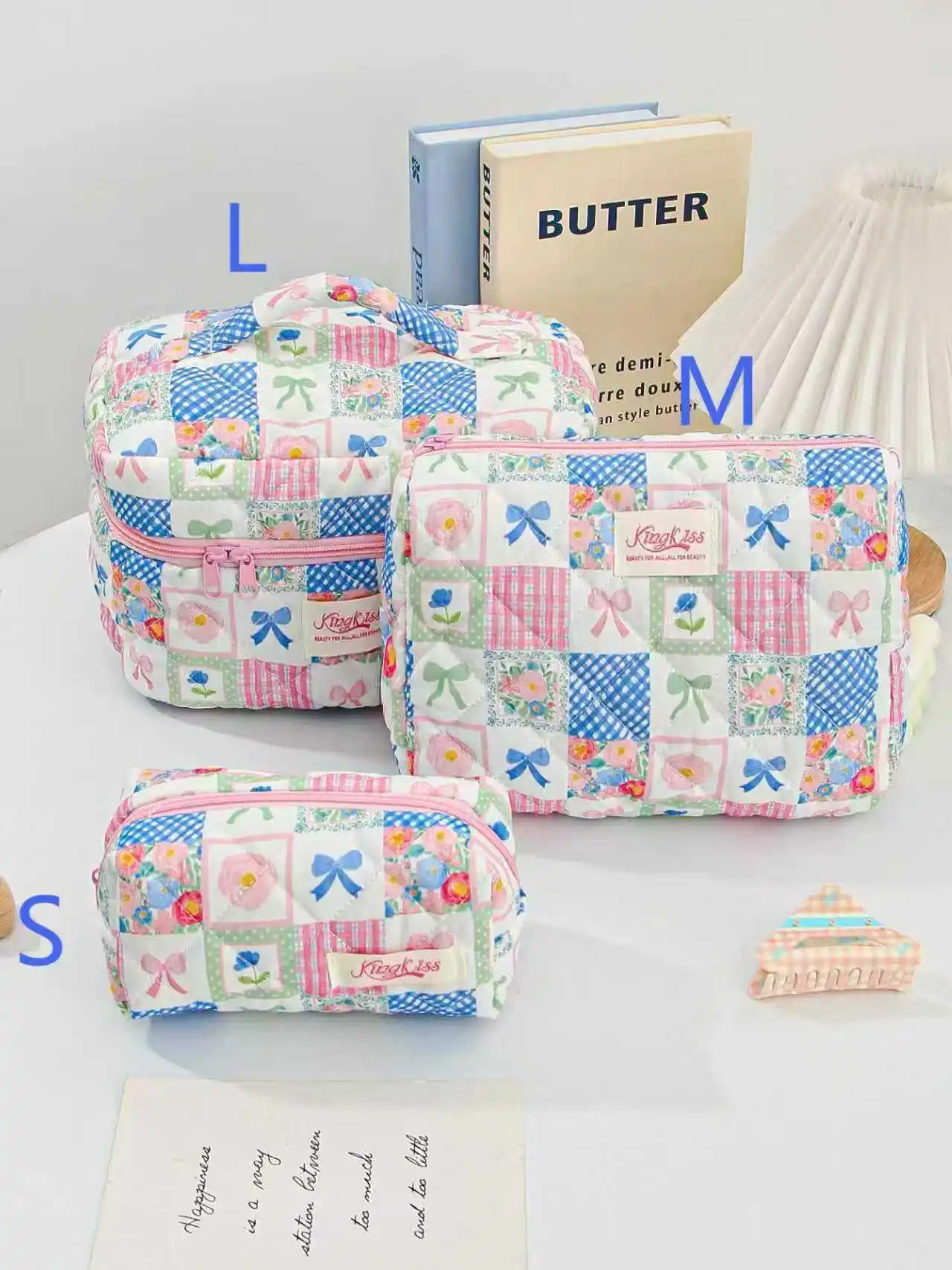 Quilted Cotton Makeup/Cosmetic Organizer Bag With Zipper - Image 25