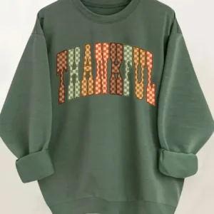 Women's Crew Neck Pullover Sweatshirt Checkered Thankful Print Design
