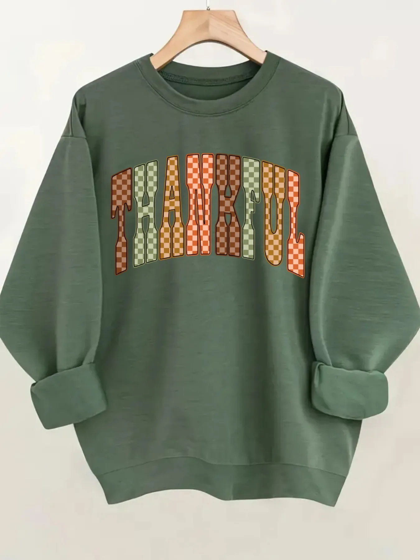 Women's Crew Neck Pullover Sweatshirt Checkered Thankful Print Design - Image 1