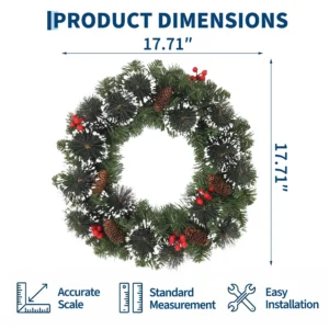 Prelit Christmas Pine Wreath With Pinecones, Red Berries, Front Door Holiday Decoration - Thumbnail Image 2