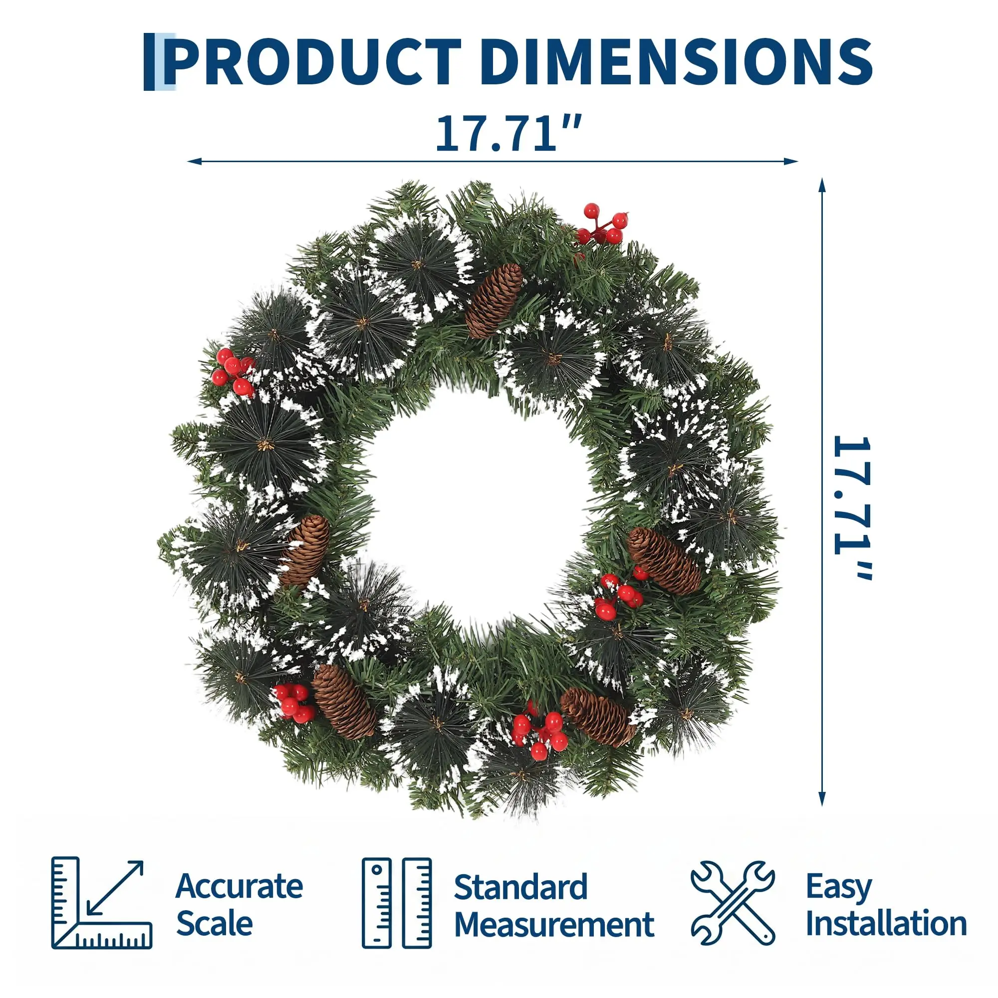 Prelit Christmas Pine Wreath With Pinecones, Red Berries, Front Door Holiday Decoration - Image 2