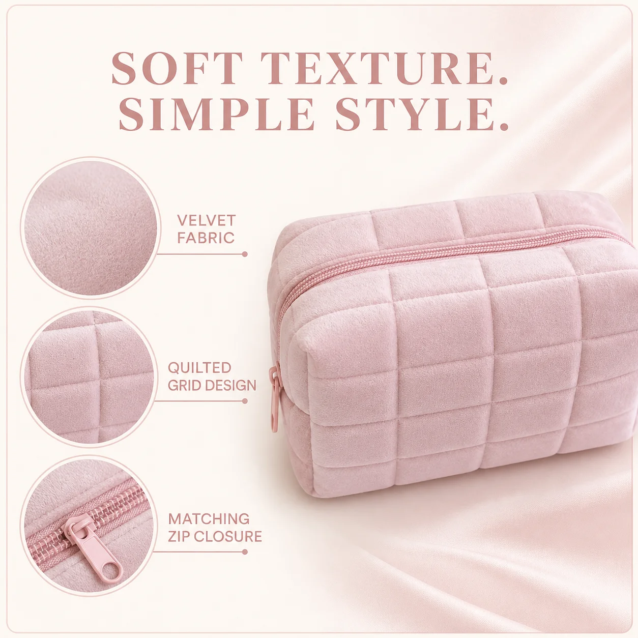 Soft Velvet Quilted Makeup Bag with Zipper - Image 1