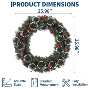 Prelit Christmas Pine Wreath With Pinecones, Red Berries, Front Door Holiday Decoration - Thumbnail Image 4