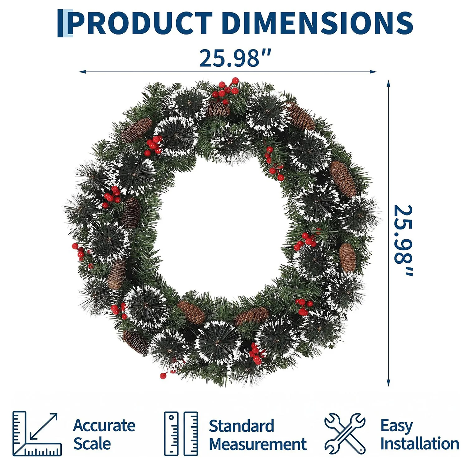 Prelit Christmas Pine Wreath With Pinecones, Red Berries, Front Door Holiday Decoration - Image 4