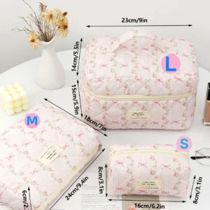 Quilted Cotton Makeup/Cosmetic Organizer Bag With Zipper