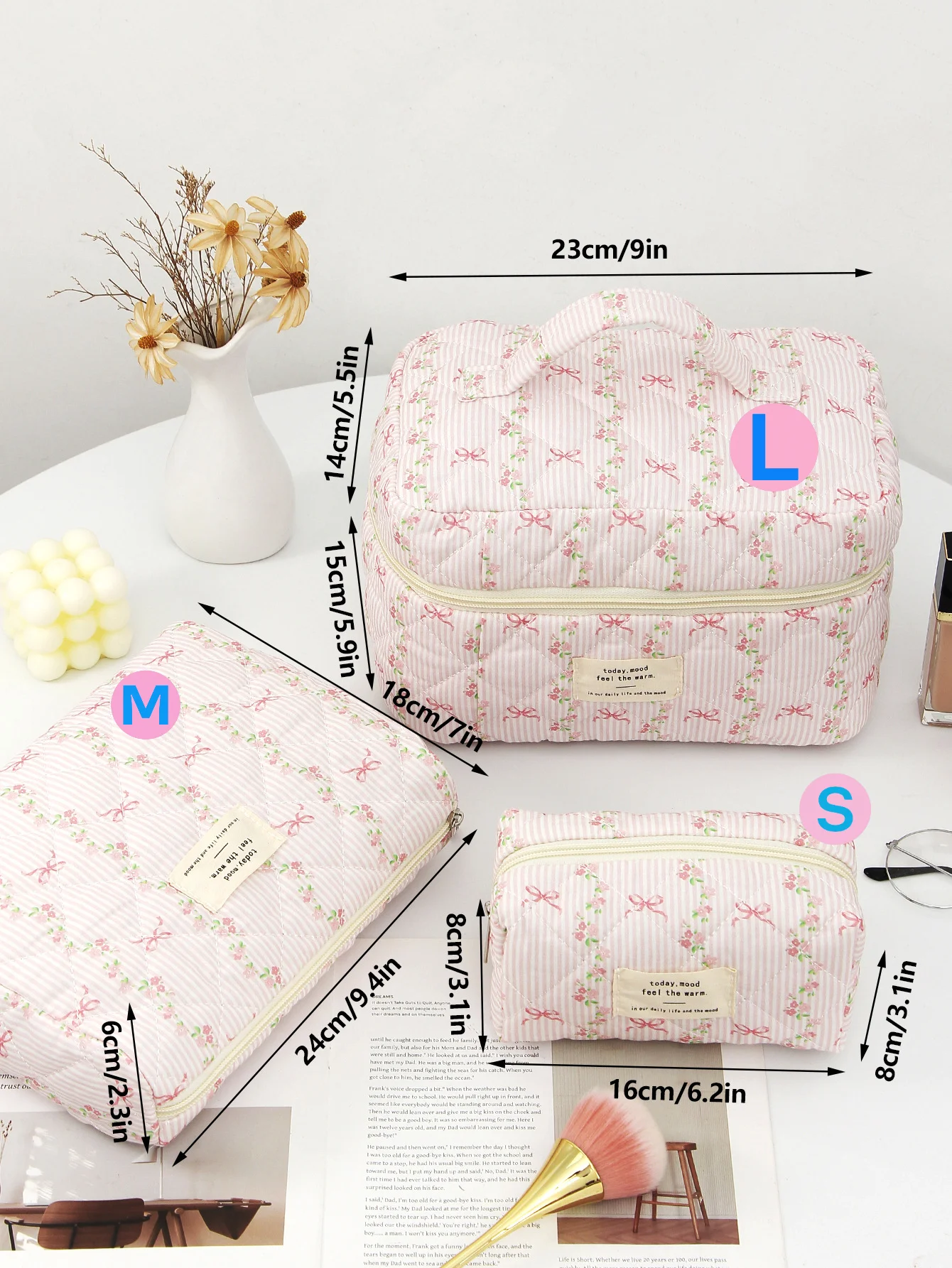 Quilted Cotton Makeup/Cosmetic Organizer Bag With Zipper - Image 1