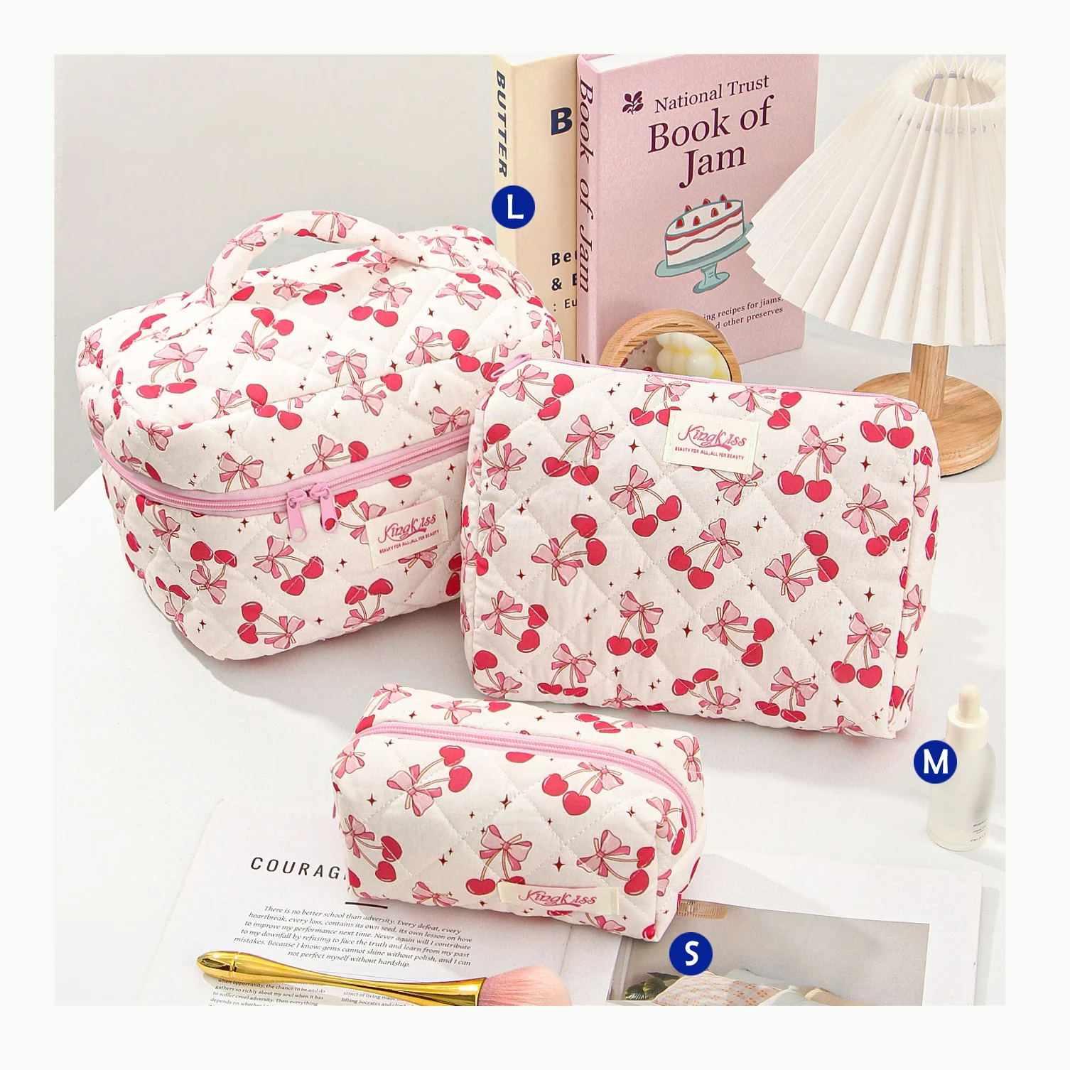 Quilted Cotton Makeup/Cosmetic Organizer Bag With Zipper - Image 7